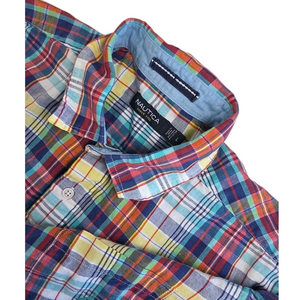 Nautica Shirt‎ Mens Large Button Up Linen Blend Short Sleeve MULTICOLOR PLAID